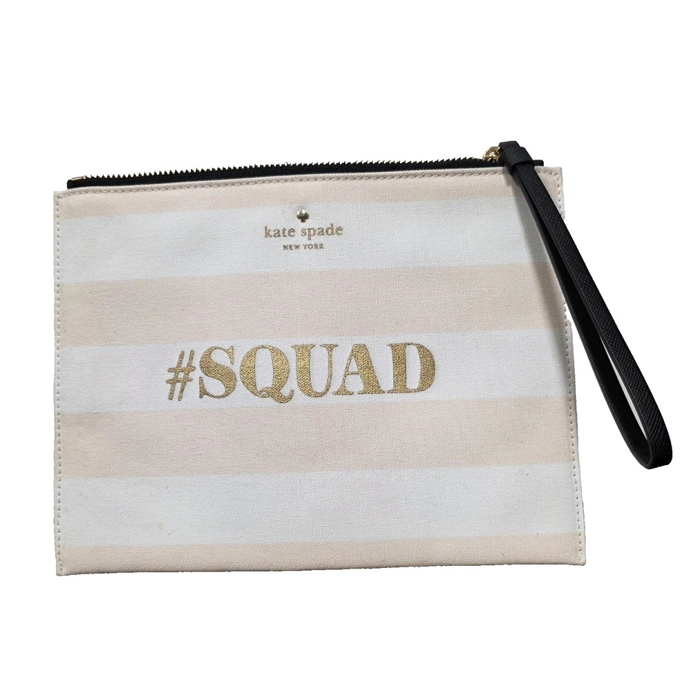 Kate Spade New York #SQUAD Striped Canvas Wristlet Pouch Cream Tan Gold Pouch
